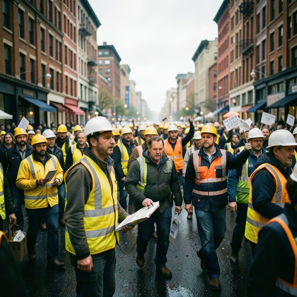 Wide cinematic scene of a community gathering in cool blue and warm amber tones, shallow depth of field